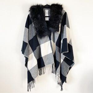 J. Crew Faux-fur cape scarf Black Natural Check NWT